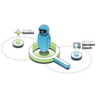 Image of a robot, text reads "Google Gemini. Microsoft Speaker Coach"