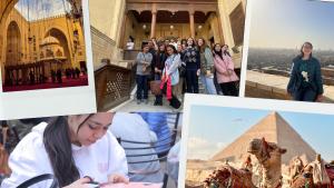 Collage of students doing various activities at historical sites