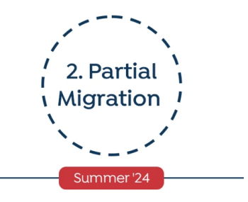 A dashed circle labeled &ldquo;2. Partial Migration&rdquo; in bold black text, with a solid blue line leading to a point labeled &ldquo;Summer '24&rdquo; in red box. This is the second part of a timeline diagram.