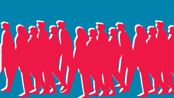 Silhouettes of many people walking