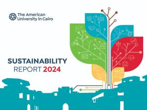 Green building and colorful leaves. Text: The American University in Cairo. Sustainability Report 2024