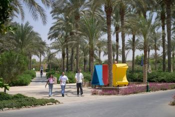 Two males and a female walking in a garden