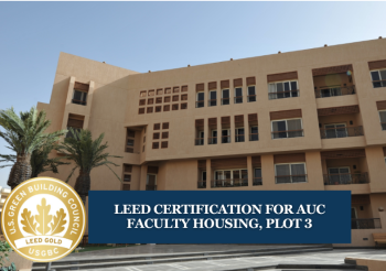 A building with two palm trees in front of it. Text: LEED Certification for AUC Faculty Housing, Plot 3
