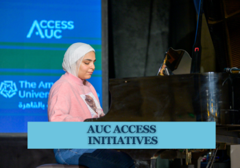 A veiled female is playing the piano. Text: AUC ACCESS Initiatives