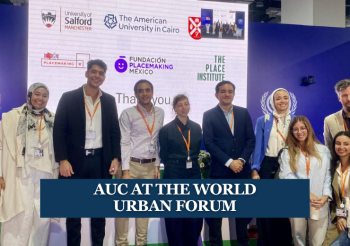 Males and females standing next to each other and smiling. Text: AUC at the World Urban Forum