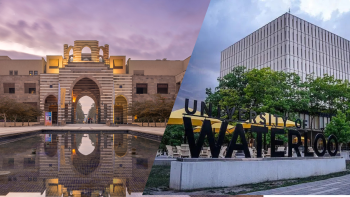 Collage between campus shot of AUC and campus shot of University of Waterloo