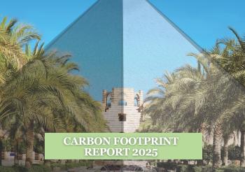 A building between palm trees. Text: Carbon Footprint Report 2025