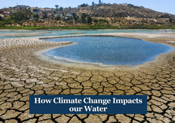 Water amidst dry land. Text: How Climate Change Impacts our Water