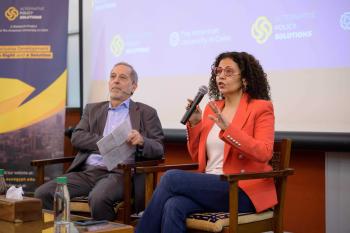 Professor Rabab El Mahdi and Historian Rasheed Khalidi addressing the audience