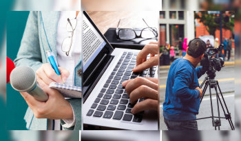 A collage of a journalism reporter holding a microphone and notebook, fingers typing on a laptop and a video cameraman shooting with his tripod