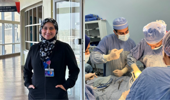 Lina Berika stands in front of a door in a hospital; a group of doctors in scrubs works on a patient on top of an operating table