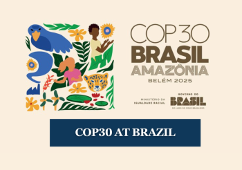Colorful cartoon image of a tiger, a parrot, a male, a female and trees. Text: COP30 Amazonia Brasil