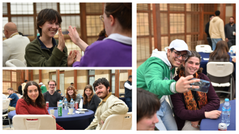 Students play a game; students pose for a selfie while seated; students pose for a photo