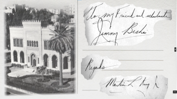 An image of Tahrir campus in the 1940s; Text addressing a letter to Jimmy Beshai, the signature of Martin Luther King Jr.