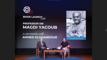 Professor Sir Magdi Yacoub at the launch event for his AUC Press book, in conversation with Ahmed Elghandour '16