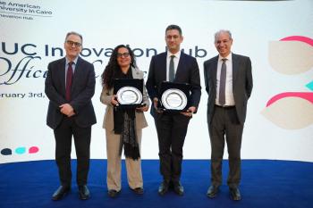 AUC President and Provost Recognizing Professors Ayman Ismail and Hanan Abdel Meguid at the Launch of AUC Innovation Hub