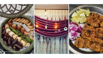 A bowl of sweets; a curtain with lights in the shapes of stars and crescents; onions, lime and kabobs of meat