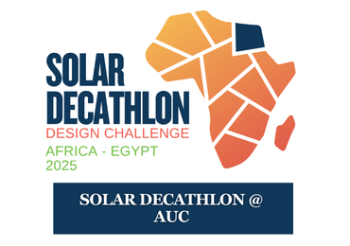 Graphic image of Africa. Text: Solar Decathlon Design Challenge Africa - Egypt 2025, Solar Decathlon@AUC