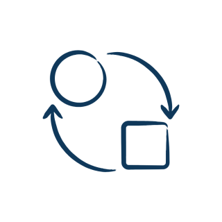 two arrows running across a circle and a square shape