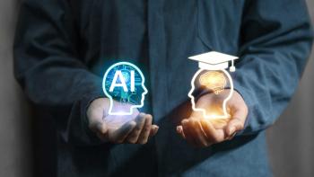A graphic of someone with their hands out. One hand has a glowing head with "AI" in it, while the other has a glowing head with a graduation cap