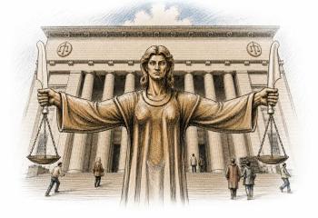 A graphic of Lady Justice holding her two scales before a courthouse. 