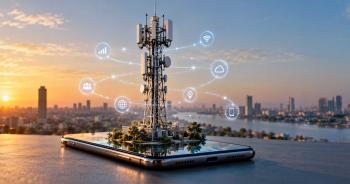 A graphic of a cell tower arising out of a phone with a city skyline in the background