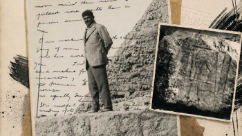 Egyptologist graphic black and white and yellow.