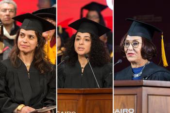 AUC alumnae and Diwan Bookstore co-founders Hind (left) and Nadia (middle) Wassef, as well as jewelry designer and honorary degree recipient Azza Fahmy, spoke at commencement this weekend