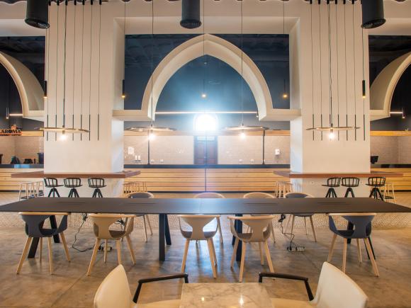 Seats and tables in a cafeteria
