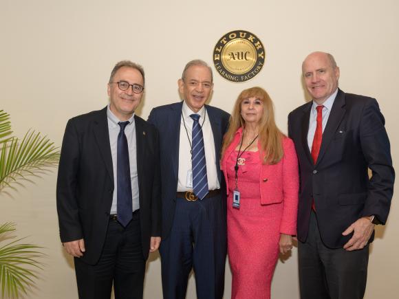 AUC Board Chair Mark Turnage, AUC President Ahmad Dallal and Dr. and Mrs. Eltoukhy