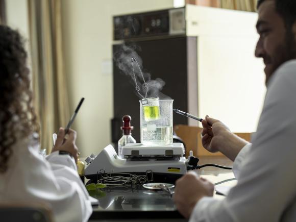 A girl and a boy in a lab wearing white coats doing an experiments in test tube in front of them
