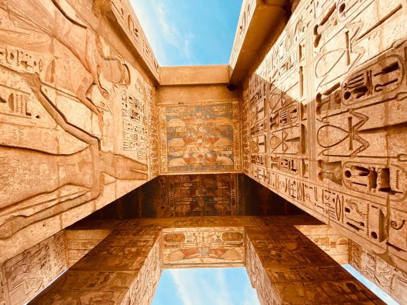 Ancient Egyptian temple with hieroglyphics carved on it 