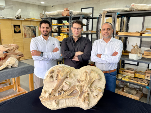 three men stand behind a large fossil in a lab
