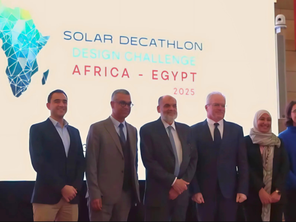 Dean of School of Sciences and Engineering Lotfi Gafar, Professors Sherif Gobram and Khaled Tarabieh in a group photo