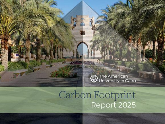 A building in a garden. Text: The American University in Cairo. Carbon Footprint Report 2025