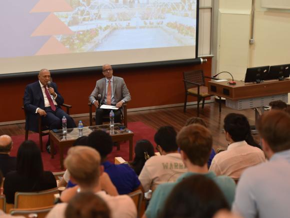 Egypt's Former Foreign Minister Sameh Shoukry addresses students of Harvard School of Business and Onsi Sawiris School of Business at a session in AUC New Cairo Campus