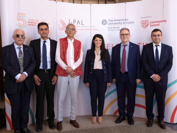 AUC President Dallal, Minister Al Mashat and AUC leaders celebrating 5th anniversary of J-PAL