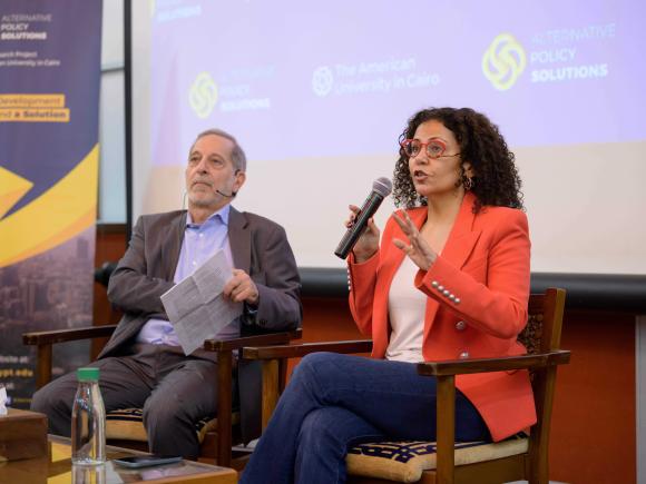 Professor Rabab El Mahdi and Historian Rasheed Khalidi addressing the audience