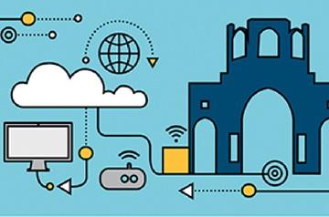 Cartoon of building, cloud, router and screen