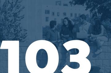 Girls and boys studying together on campus. 103 written on the image in white