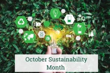 October Sustainability Month, a hand holding a bulb with a greenery background