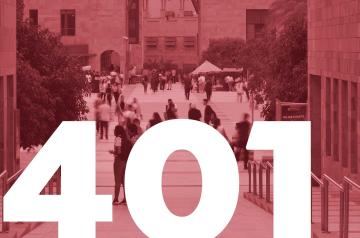 university campus with people. 401 written on the picture in white