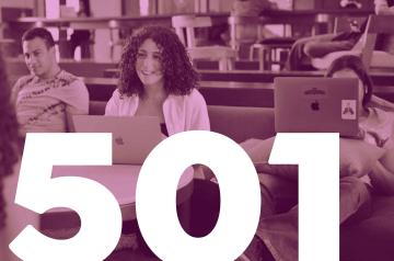 girl smiling sitting on a laptop. 501 written on the picture in white