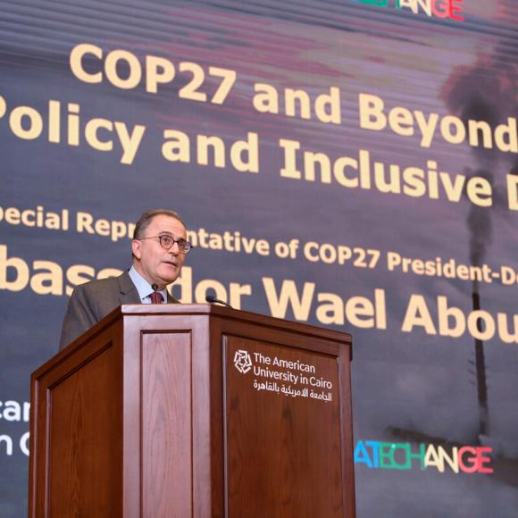 A man talking into a microphone, COP27 and Beyond: Climate Policy and Inclusive Development, Special Representative of COP27 President-Designate Ambassador Wael Aboulmagd