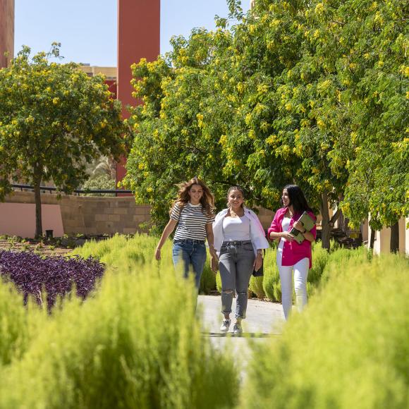 Three female students walking and talking in the garden.