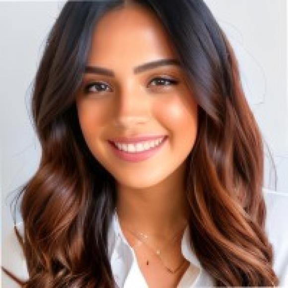 a girl with long brown hair smiling wearing a white shirt