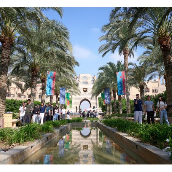People walking in a garden