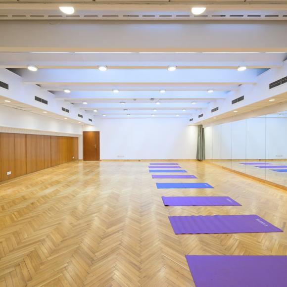 An empty room with purple mats on the floor