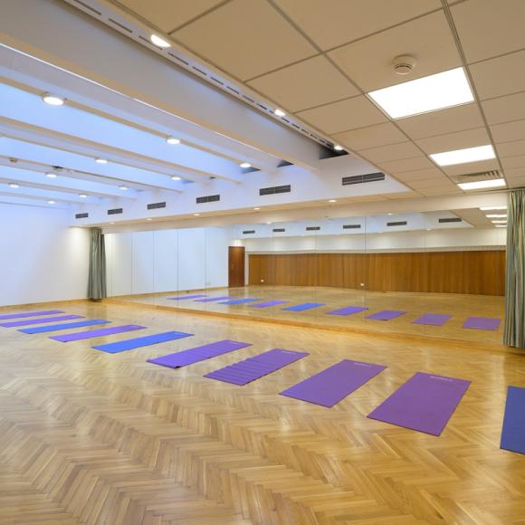 An empty room with purple mats on the floor